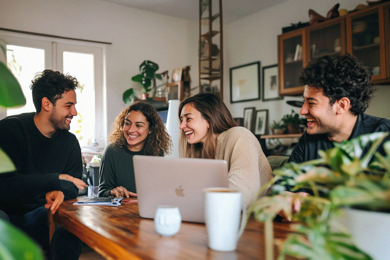 A group of people sitting around a laptop computer.